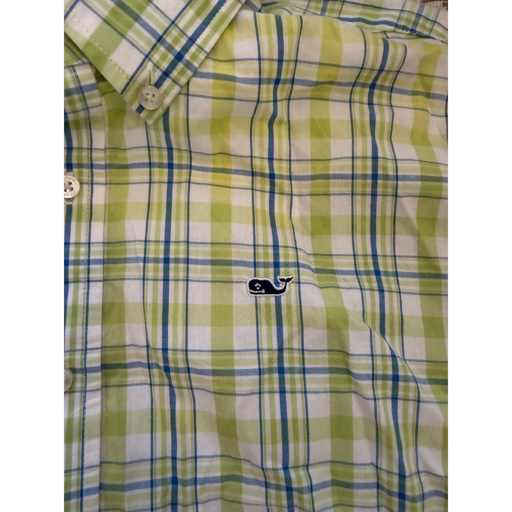 Vineyard Vines Boys XL Whale Shirt Lime Green Blue Plaid Button Down Cotton